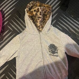 Gray Hoodie with Leopard Print Lining
